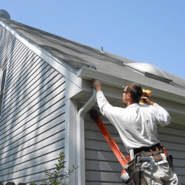 Technician installing seamless gutters on a residential roof using a ladder for optimal water drainage.