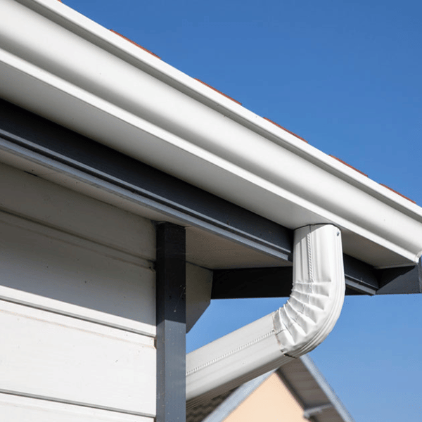 White seamless gutter system installed on a residential home, providing efficient water management.